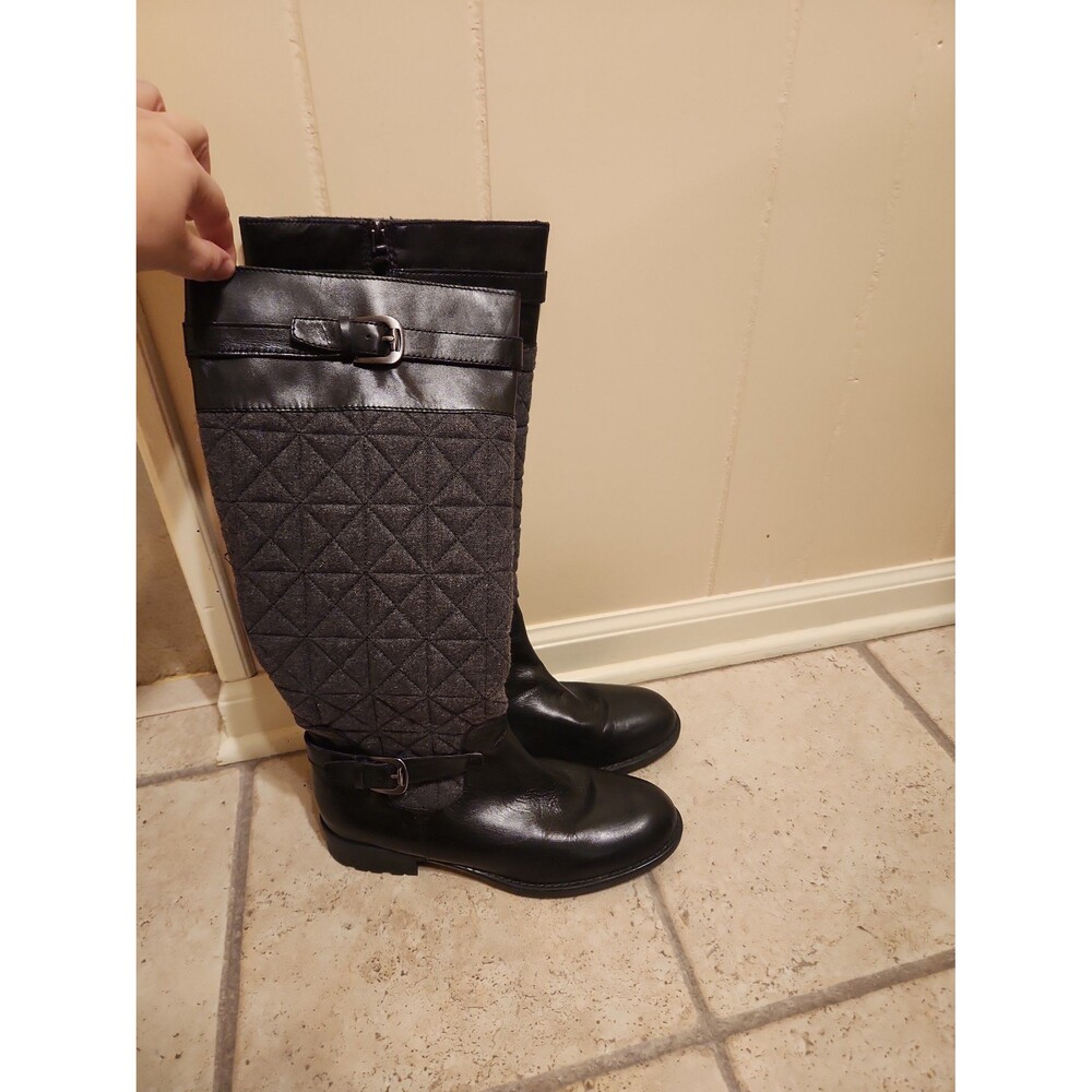 Franco Sarto "Penelope" Black Leather & Gray Wool-blend Tall Riding Boots Sz 9.5